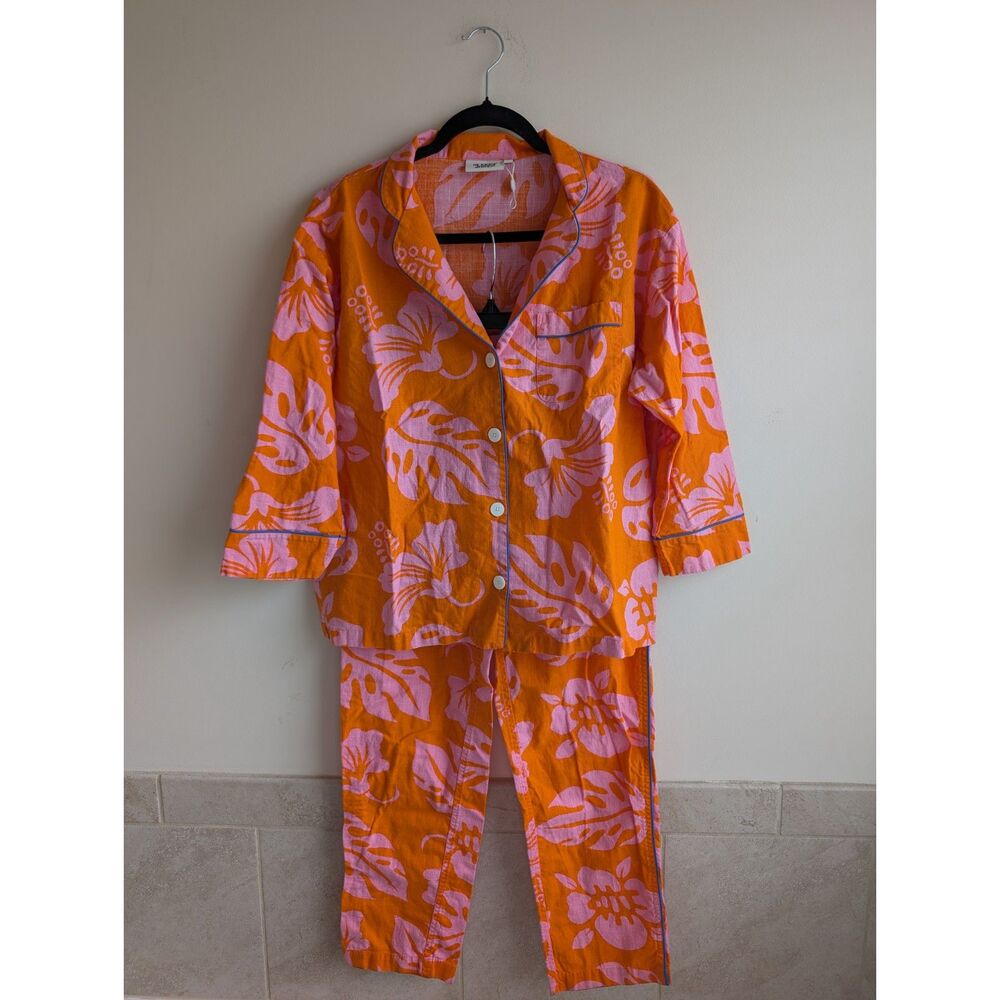 Sleepy Jones NWOT Marina Aloha Pajama Set Orange Pink Tropical Floral Cotton S